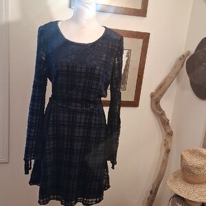 Lauren Conrad Navy Velvet Burnout Plaid Long Sleeve Dress